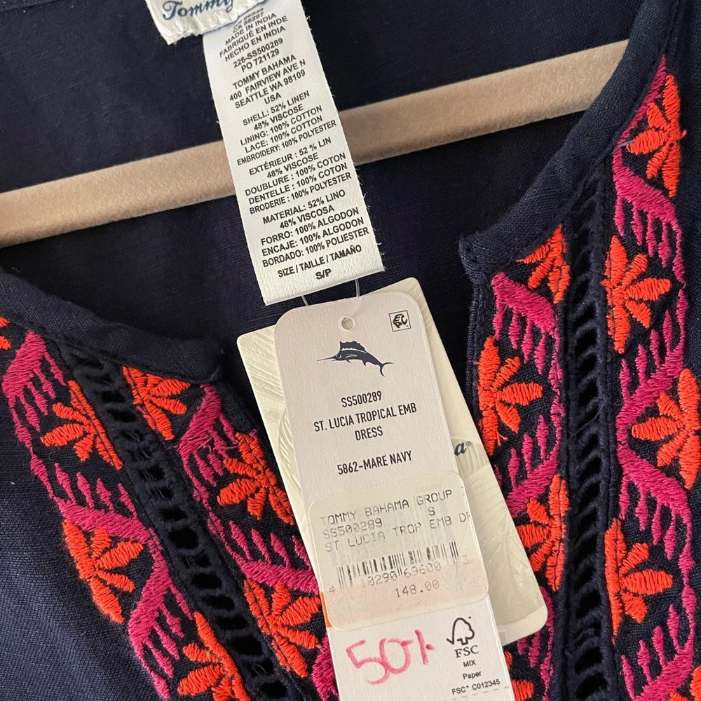 NWT Tommy Bahama Navy Tunic dress with Red and Pink Embroidery - Picture 8 of 9